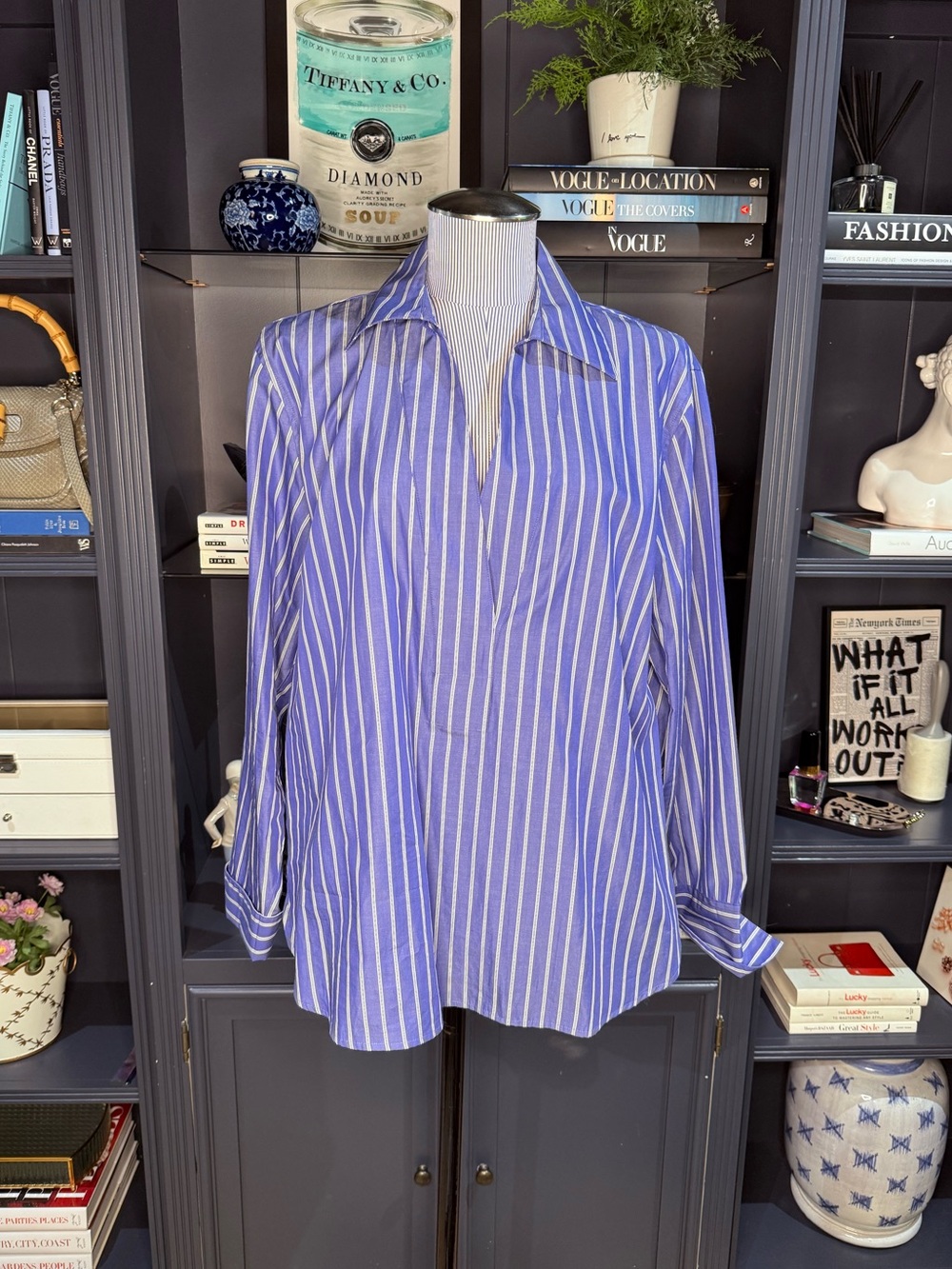 Vince Striped Cotton Popover Shirt – Blue & White – Size M